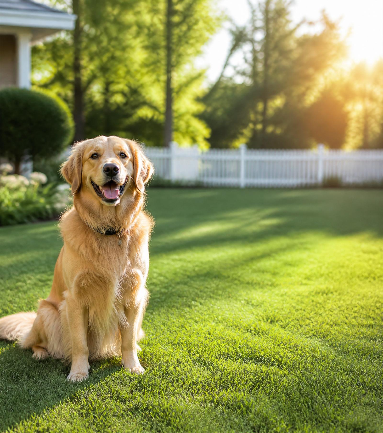 Clean green backyard with a happy golden retriever