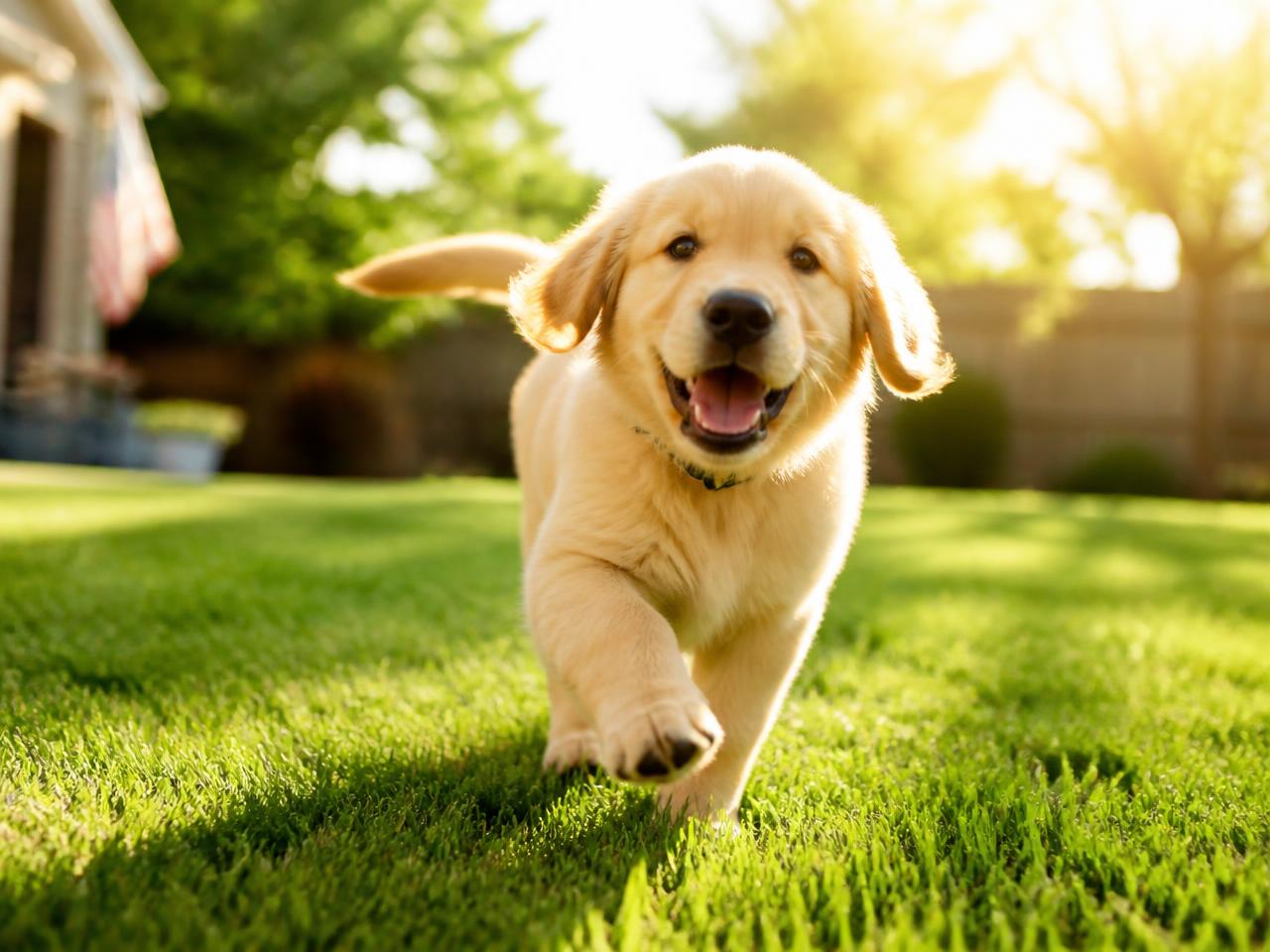Happy golden retriever puppy playing on clean green backyard grass in Brampton